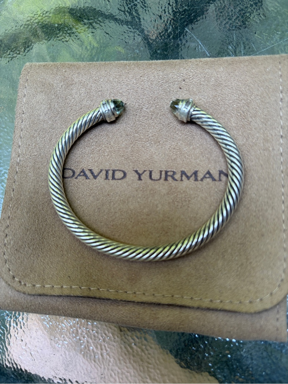 David Yurman Sterling Cable Cuff Bracelet with prasiolite and diamond tips